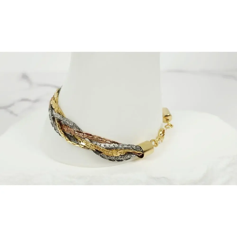 Vintage Tri-Color Braided Herringbone Chain Bracelet Gold Silver Rose 7.5